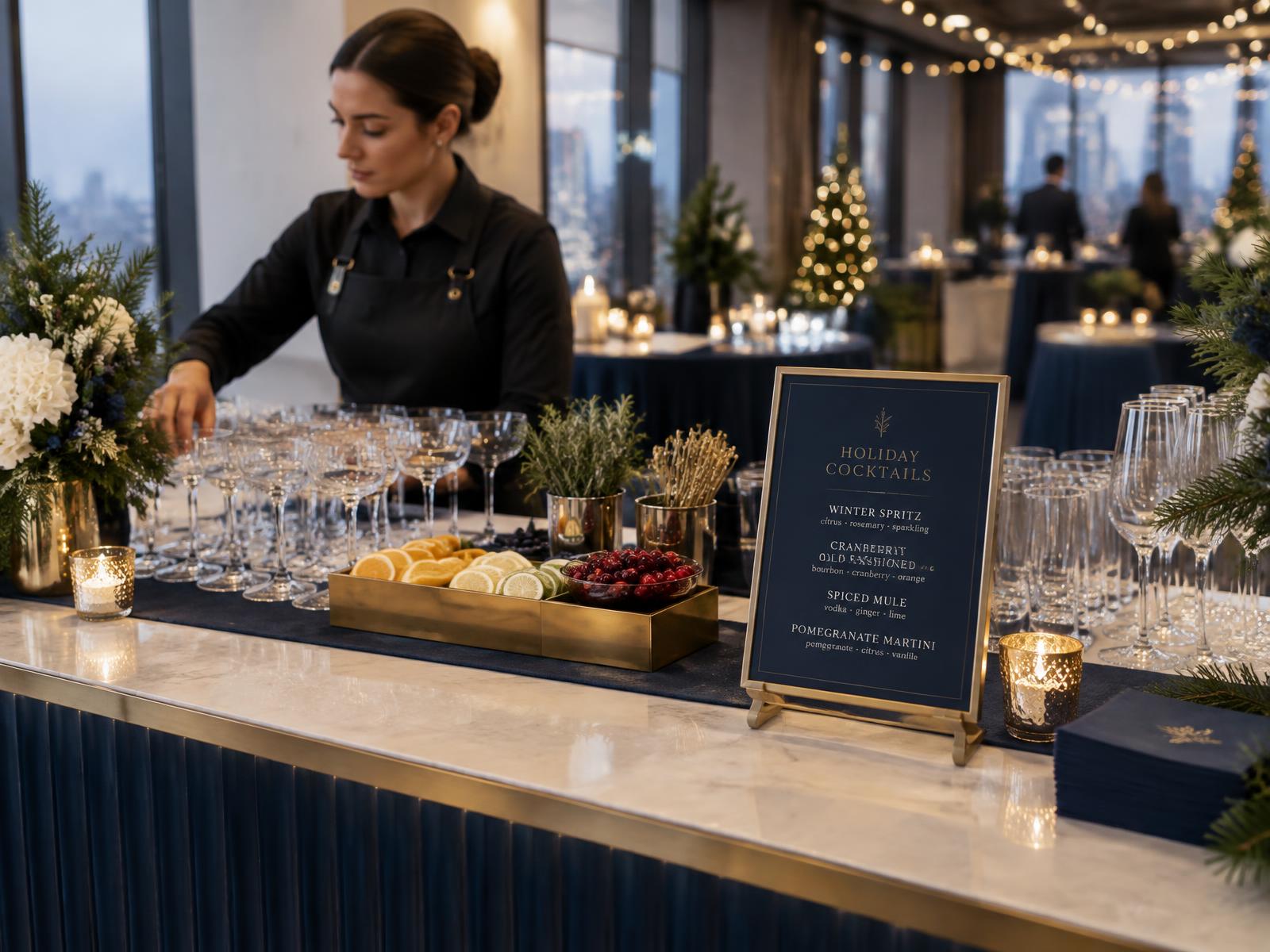 Polished holiday party bar with printed cocktail menu