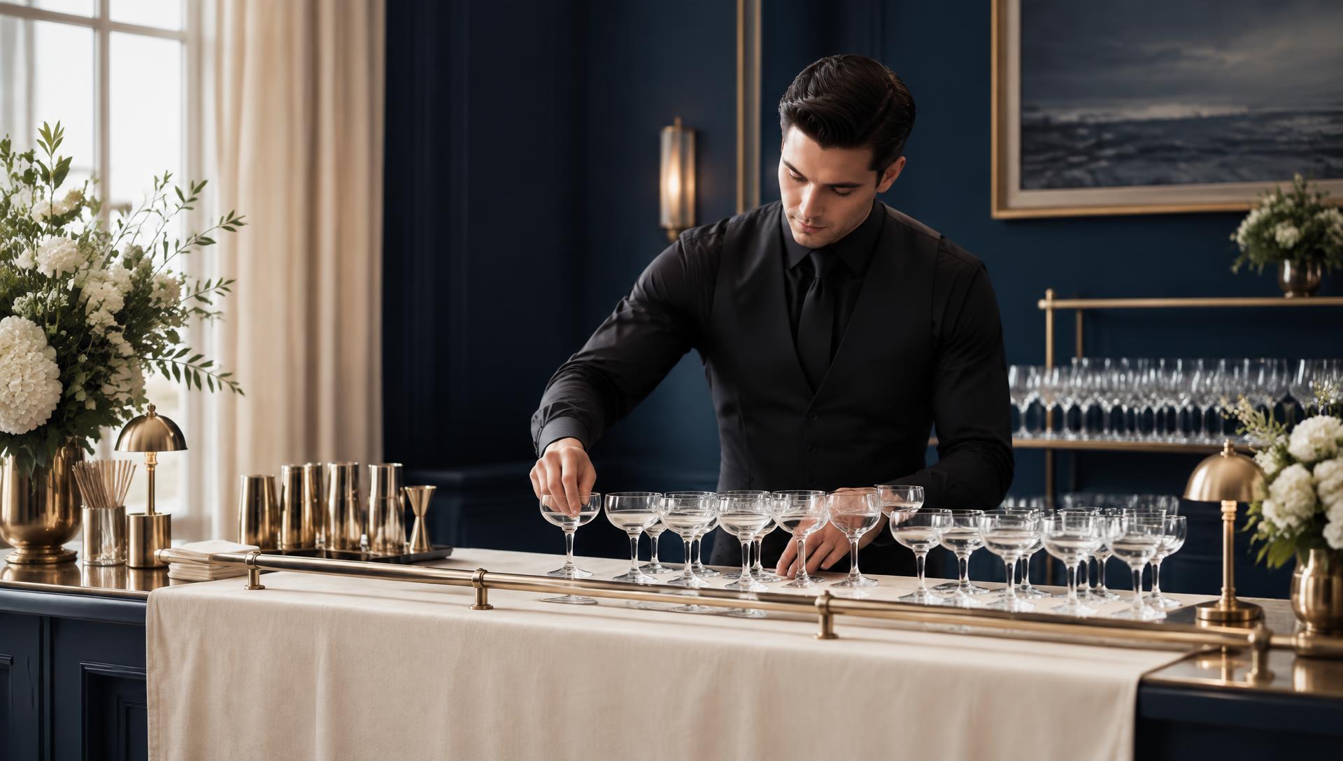 Professional bartender setting an elegant event bar with glassware
